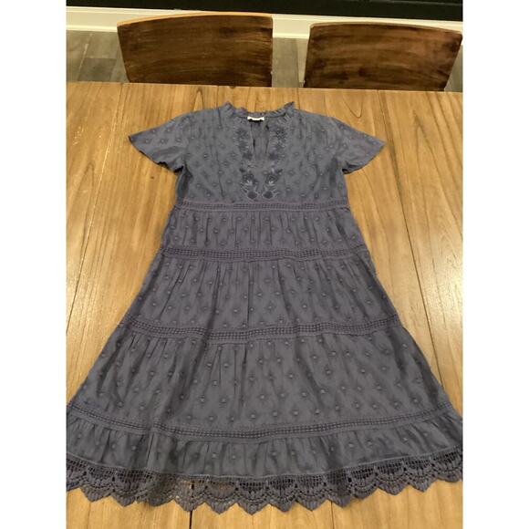 Sundance Tiered eyelet cotton scallop hem boho short sleeve blue mini dress xs - Picture 13 of 14